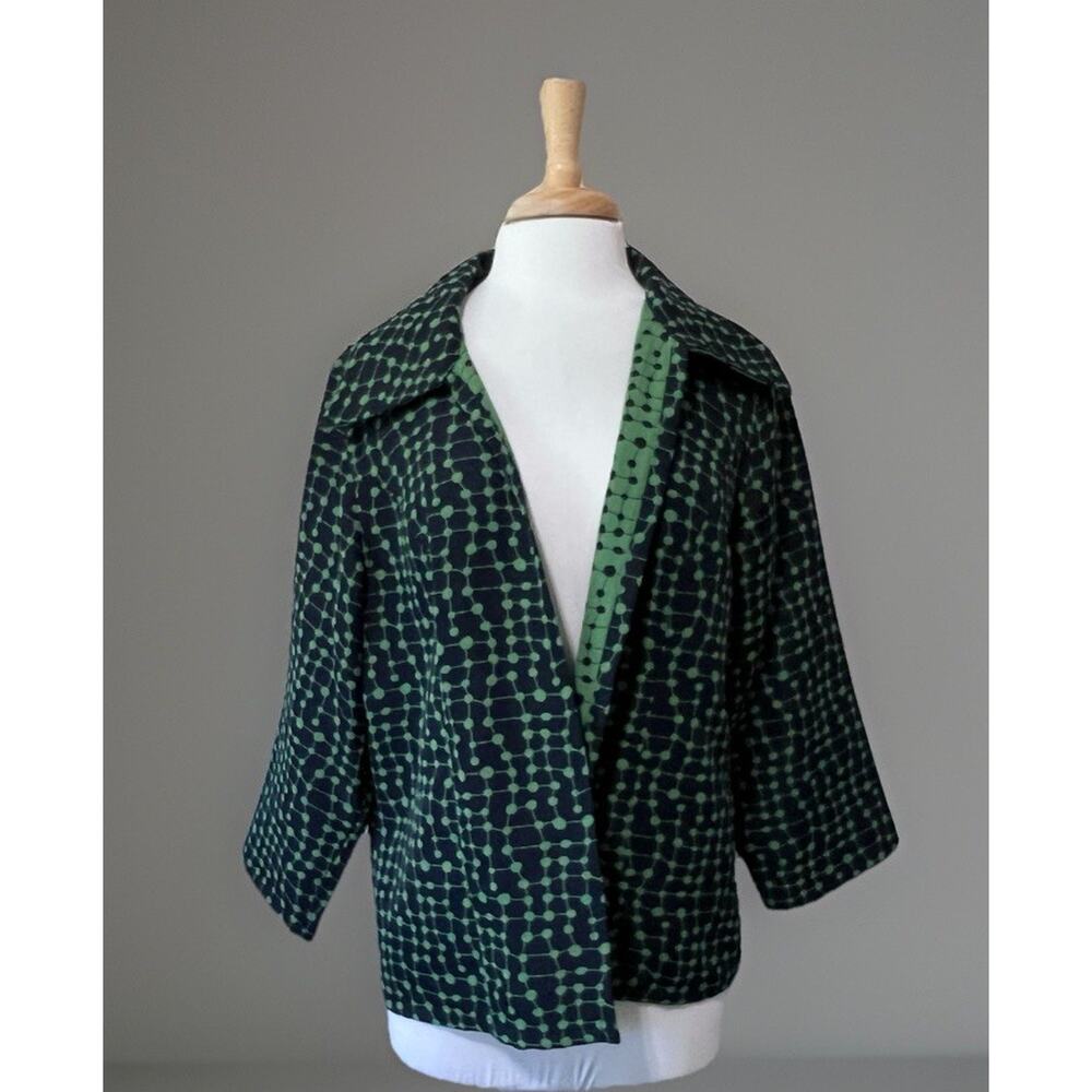 Simonton Says Open Jacket Blazer Womens Large Blue Green Dots ATOMIC